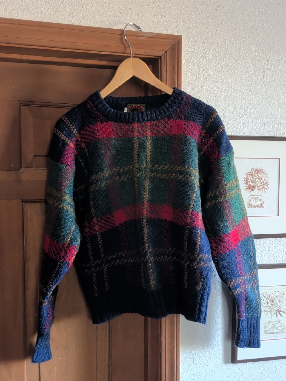 Boston Traders Wool Navy Plaid Crewneck Sweater with Green & Red Accents